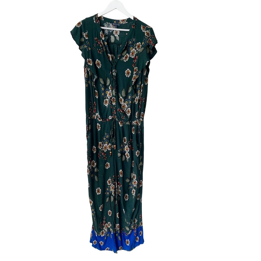 Democracy Jumpsuit Size L Floral Drawstring Waist Pants Green Romper Button Up